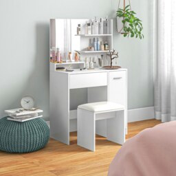 Rackhams Dressing Table with Mirror and Stool, Makeup Desk for Bedroom, White - thumbnail 1