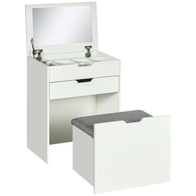 Rackhams Dressing Table with Flip-up Mirror and Storage Stool, Vanity Table with Drawer and Hidden Compartments for Bedroom, Living Room, White - image 1