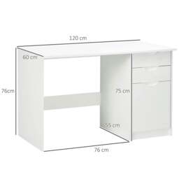 Rackhams Computer Desk with Drawers, High Gloss Home Office Desk with Storage Cabinet, Study Workstation, 120 x 60cm, White - thumbnail 3