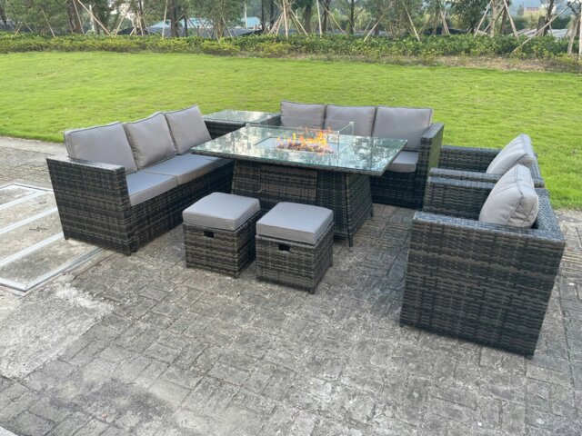 Rackhams Rattan Garden Furniture Set with Gas Fire Pit Dining Table, 2 Sofas, 2 Chairs, 2 Small Footstools & Side Table - 10 Seater - Dark Grey - image 1