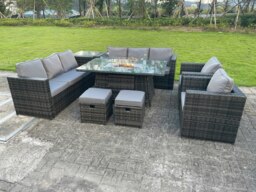 Rackhams Rattan Garden Furniture Set with Gas Fire Pit Dining Table, 2 Sofas, 2 Chairs, 2 Small Footstools & Side Table - 10 Seater - Dark Grey - thumbnail 2