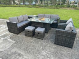Rackhams Rattan Garden Furniture Set with Gas Fire Pit Dining Table, 2 Sofas, 2 Chairs, 2 Small Footstools & Side Table - 10 Seater - Dark Grey - thumbnail 1