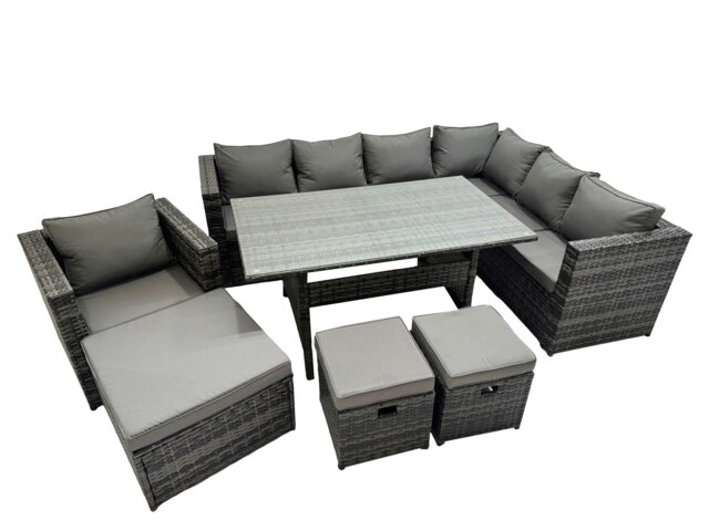 Rackhams Rattan Garden Furniture Set Outdoor 10 Seater Patio Dining Corner Sofa Sets with Dining Table Chair Big Stool Dark Grey Mixed - image 1
