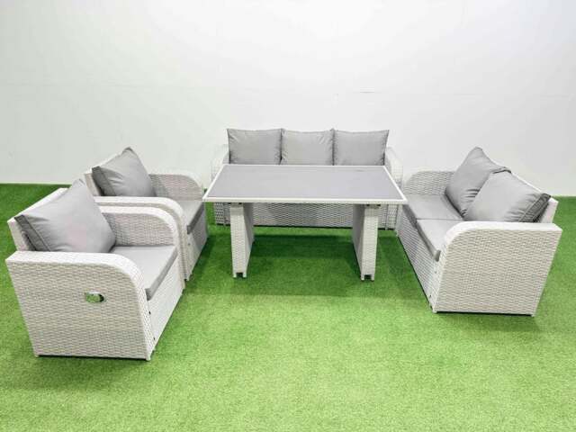 Rackhams 7 Seater Garden Furniture Set PE Rattan Garden Sofa Set with Rectangular Dining Table Light Grey - image 1