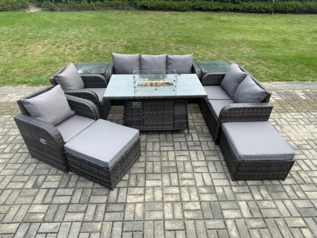 Rackhams Rattan Outdoor Garden Furniture Set with Gas Fire Pit Table, 2 Sofas, 2 Chairs, 2 Side Tables, 2 Footstools - 9 Seater - Dark Grey - image 1