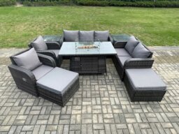 Rackhams Rattan Outdoor Garden Furniture Set with Gas Fire Pit Table, 2 Sofas, 2 Chairs, 2 Side Tables, 2 Footstools - 9 Seater - Dark Grey - thumbnail 1