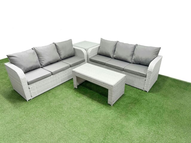 Rackhams Outdoor Garden Furniture Sets 6 Seater Wicker Rattan Furniture Sofa Sets with Oblong Coffee Table high Back Lounge Sofa Side Table Light Grey - image 1