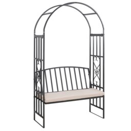 Rackhams Garden Arbor Arch Metal Bench Padded Seat Outdoor Decoration Patio - Black - Metal Frame, Polyester - 114L x 60W x 206Hcm - thumbnail 2