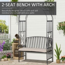 Rackhams Garden Arbor Arch Metal Bench Padded Seat Outdoor Decoration Patio - Black - Metal Frame, Polyester - 114L x 60W x 206Hcm - thumbnail 3