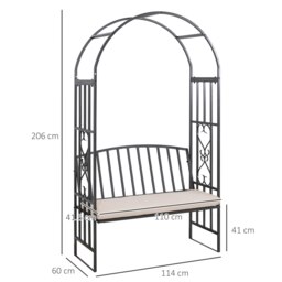 Rackhams Garden Arbor Arch Metal Bench Padded Seat Outdoor Decoration Patio - Black - Metal Frame, Polyester - 114L x 60W x 206Hcm - thumbnail 5