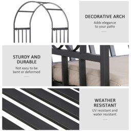 Rackhams Garden Arbor Arch Metal Bench Padded Seat Outdoor Decoration Patio - Black - Metal Frame, Polyester - 114L x 60W x 206Hcm - thumbnail 4