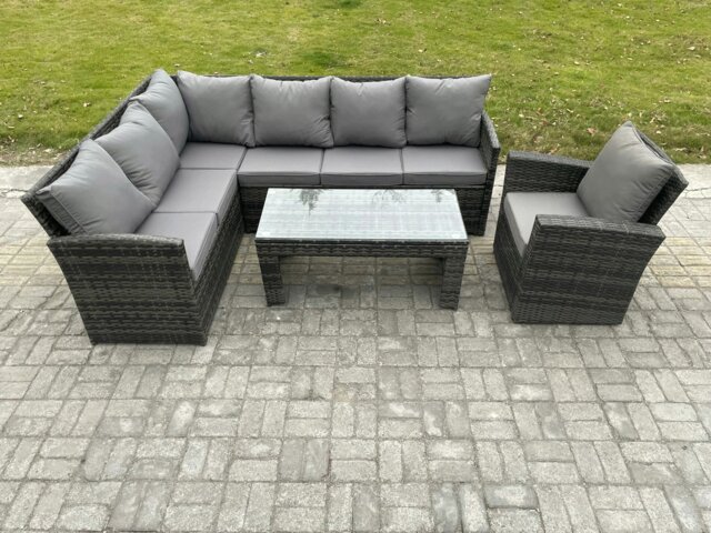 Rackhams 7 Seater Outdoor Rattan Garden Furniture Set Corner Sofa Oblong Coffee Table Sets with Patio Armchair Dark Grey Mixed - image 1