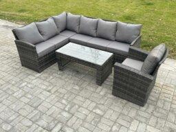 Rackhams 7 Seater Outdoor Rattan Garden Furniture Set Corner Sofa Oblong Coffee Table Sets with Patio Armchair Dark Grey Mixed - thumbnail 2