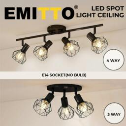 Rackhams 3-4 Way Spotlight Ceiling Light Adjustable Kitchen Spot Light E14 Fixture - 4 Way Black - thumbnail 3
