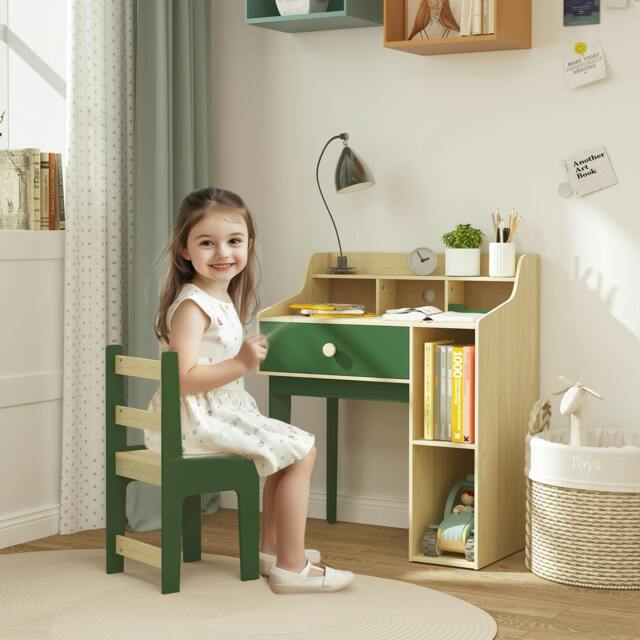 Rackhams AIYAPLAY Kids Desk & Chair Set, Children Study, Table & Chair Set with Storage Shelves, Drawer, Kids Table & Chair Set for 3-10 Years - Green - image 1