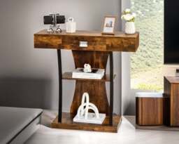 Rackhams Rustic Wooden T-Shaped Console Table with Drawer - thumbnail 1