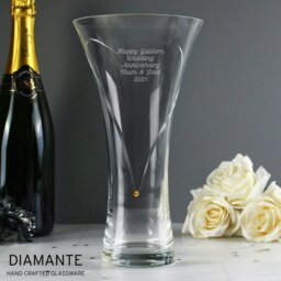 Rackhams Personalised Large Hand Cut Gold Diamante Heart Vase