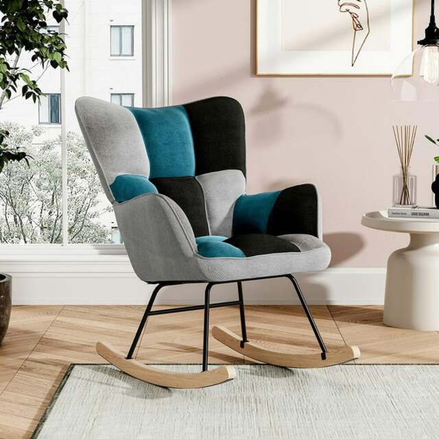 Rackhams 3ft Patchwork Upholstered Rocking Chair with Wooden Skates - Grey&Blue&Black - image 1