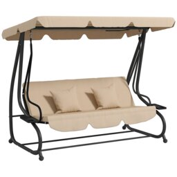 Rackhams 2-in-1 Garden Swing Chair for 3 Person w/ Adjustable Canopy Light Brown - Light Brown - 1 - Swing Bench - thumbnail 2