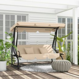 Rackhams 2-in-1 Garden Swing Chair for 3 Person w/ Adjustable Canopy Light Brown - Light Brown - 1 - Swing Bench - thumbnail 1