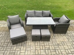 Rackhams Outdoor Rattan Furniture Garden Dining Sets Height Adjustable Rising lifting Table and Chair Set With Lounge Sofa 3 Footstools - thumbnail 1