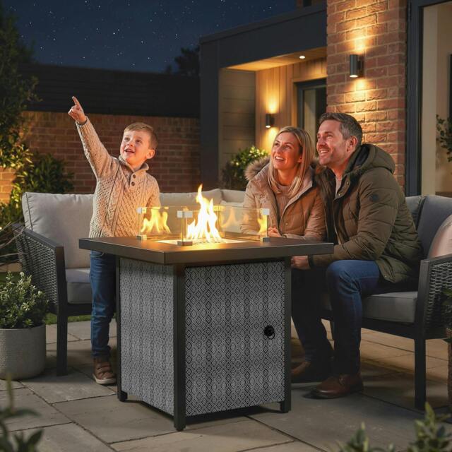 Rackhams Propane Gas Fire Pit Table for Garden, 11.7 KW Smokeless Firepit - Metal, Texteline, Tempered Glass - Gas Fire Pit Table - Black - image 1