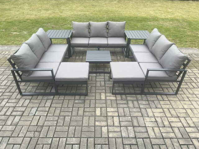 Rackhams Aluminium Outdoor Garden Furniture Set Patio Lounge Sofa with Square Coffee Table 2 Side Tables 2 Big Footstools Conservatory Set Dark Grey - image 1