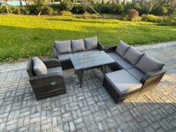 Rackhams Outdoor Lounge Sofa Set Wicker PE Rattan Garden Furniture Set with Rectangular Dining Table Reclining Chair Big Footstool Dark Grey Mixed - thumbnail 2