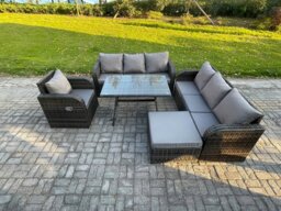 Rackhams Outdoor Lounge Sofa Set Wicker PE Rattan Garden Furniture Set with Rectangular Dining Table Reclining Chair Big Footstool Dark Grey Mixed - thumbnail 1
