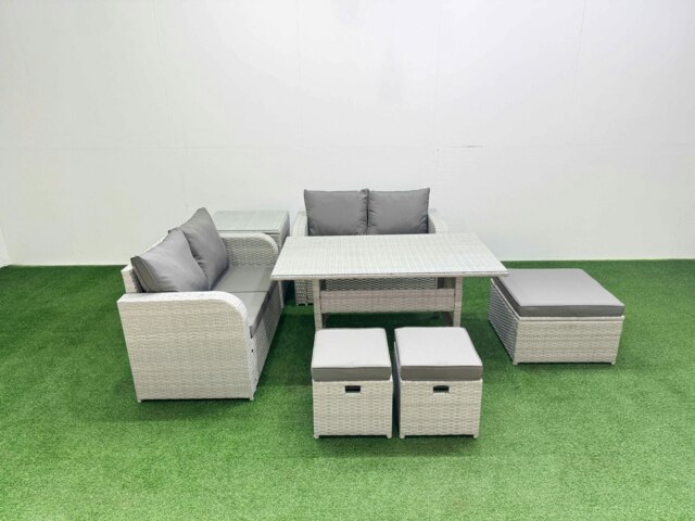 Rackhams 7 Seater Outdoor Love Sofa Set Rattan Garden Furniture Set with Rectangular Dining Table 3 Footstool Side Table Light Grey - image 1