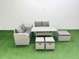 Rackhams 7 Seater Outdoor Love Sofa Set Rattan Garden Furniture Set with Rectangular Dining Table 3 Footstool Side Table Light Grey - thumbnail 1