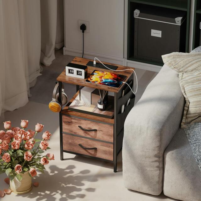 Rackhams Slim Side Table with Charging Station, Bedside Table - Rustic Brown - Bedside Table - image 1