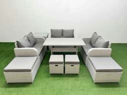 Rackhams Rattan Lounge Sofa Set 10 Seater Outdoor Garden Furniture Set with Dining Table Love Sofa 2 Big Footstools 2 Small Stool Side Table Light Grey - thumbnail 1