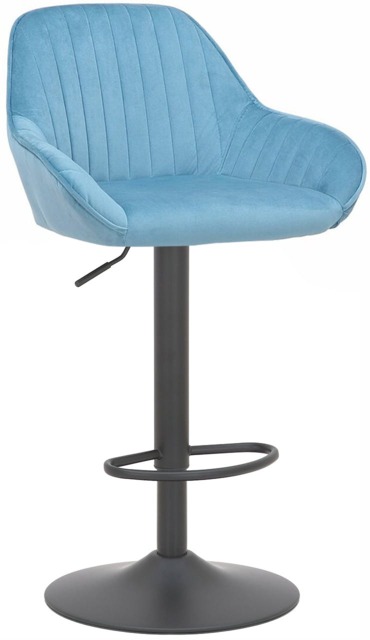 Rackhams Velluto Matt Black Velvet Bar Stool, Padded Seat & Backrest, Matt Black Footrest, Height Adjustable Swivel Gas Lift, Pastel Blue - image 1