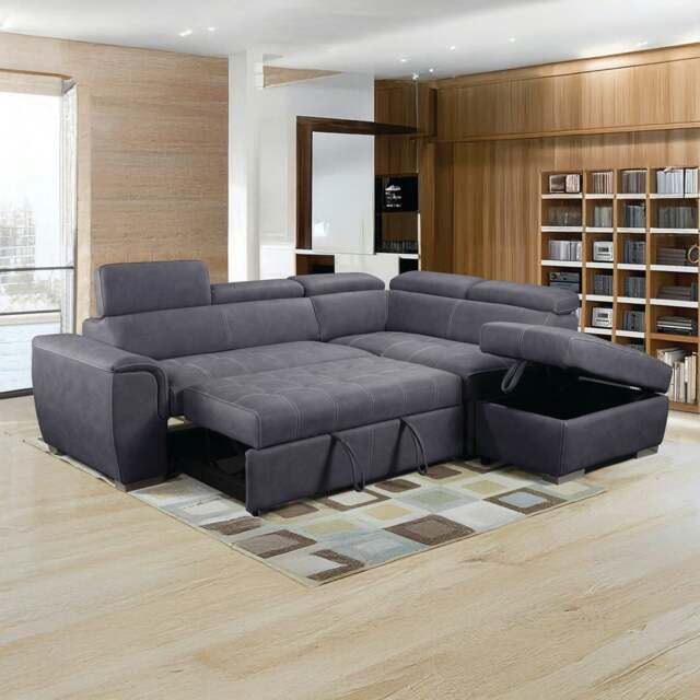Rackhams Nevada Grey Suede Corner Sofa Bed Tilting Headrest + Storage Ottoman - Left Hand Facing + Footstool - image 1
