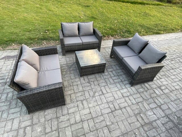 Rackhams 6 Seater Rattan Wicker Garden Furniture Patio Conservatory Sofa Set with Square Coffee Table Double Seat Sofa - image 1