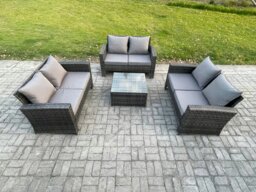 Rackhams 6 Seater Rattan Wicker Garden Furniture Patio Conservatory Sofa Set with Square Coffee Table Double Seat Sofa - thumbnail 2