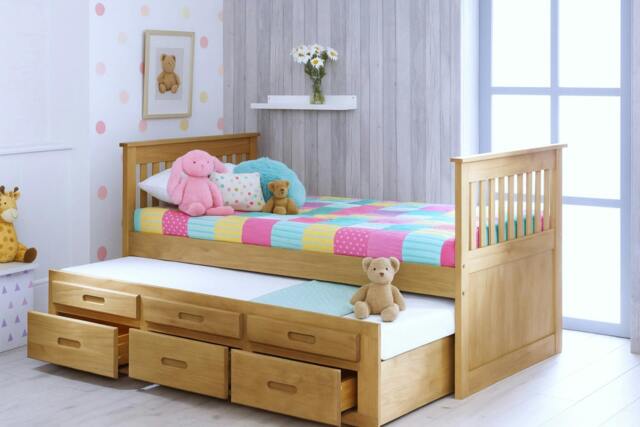 Rackhams Guest Bed with Pull Out Trundle and 3 Storage Drawers, Solid Pine, 3ft Single, White or Waxed - Waxed - image 1