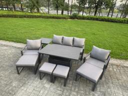 Rackhams 9 Seater Aluminium Garden Furniture Set with Adjustable Rising Dining Table, 2 Chairs, 4 Footstools, Side Table - Grey - thumbnail 1