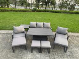 Rackhams 9 Seater Aluminium Garden Furniture Set with Adjustable Rising Dining Table, 2 Chairs, 4 Footstools, Side Table - Grey - thumbnail 2
