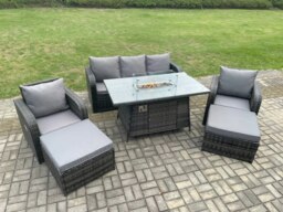 Rackhams Rattan Outdoor Garden Furniture Sofa Set Gas Fire Pit Dining Table Gas Heater with 2 Big Footstool Dark Grey Mixed - thumbnail 2