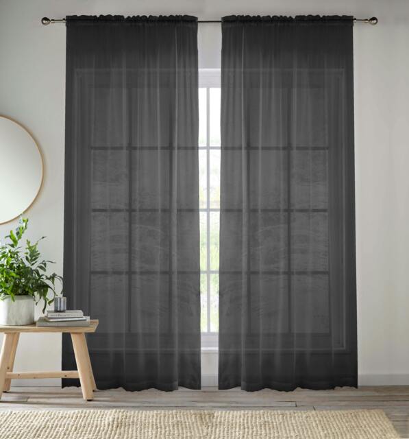 "Rackhams Crystal Plain Sheer Voile Panel Curtains Panel - Pair with Rod Pocket Header - Black - 57"" (145cm) Width x 54"" (137cm) Drop" - image 1