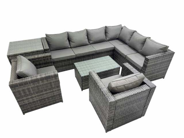 Rackhams Patio Sofa Oblong Coffee Table Set Rattan Garden Furniture Set with 2 Chairs Side Table Dark Grey Mixed - image 1