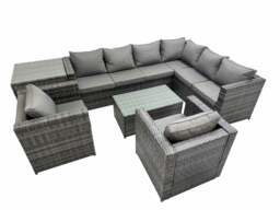 Rackhams Patio Sofa Oblong Coffee Table Set Rattan Garden Furniture Set with 2 Chairs Side Table Dark Grey Mixed - thumbnail 1