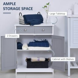 Rackhams Bathroom Floor Storage Cabinet w/ 2 Drawers Door Cupboard Grey White - thumbnail 4