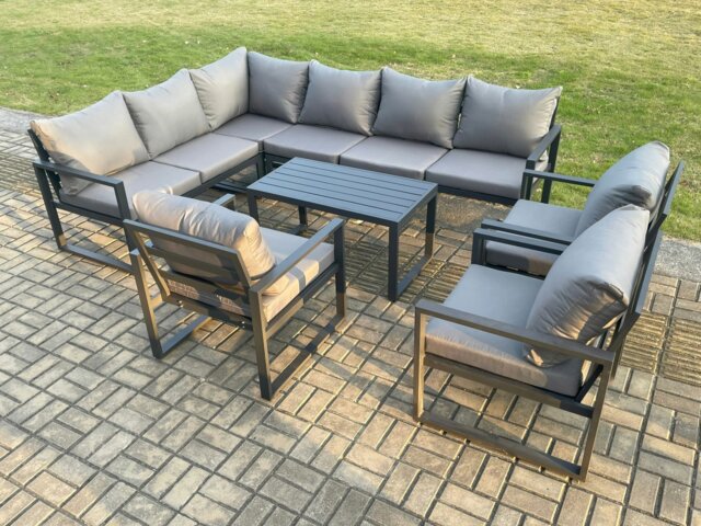 Rackhams Aluminium Garden Furniture Set Outdoor Indoor Lounge Corner Sofa 3 Pcs Chair Oblong Coffee Table Sets Dark Grey 9 Seater