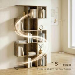 Rackhams Geometric Bookshelf, 5-Tier S Shaped Bookcase - 80W x 24D x 157.5H cm - Rustic Brown - Bookshelf - thumbnail 4