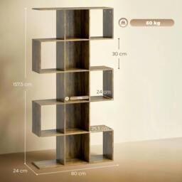 Rackhams Geometric Bookshelf, 5-Tier S Shaped Bookcase - 80W x 24D x 157.5H cm - Rustic Brown - Bookshelf - thumbnail 3