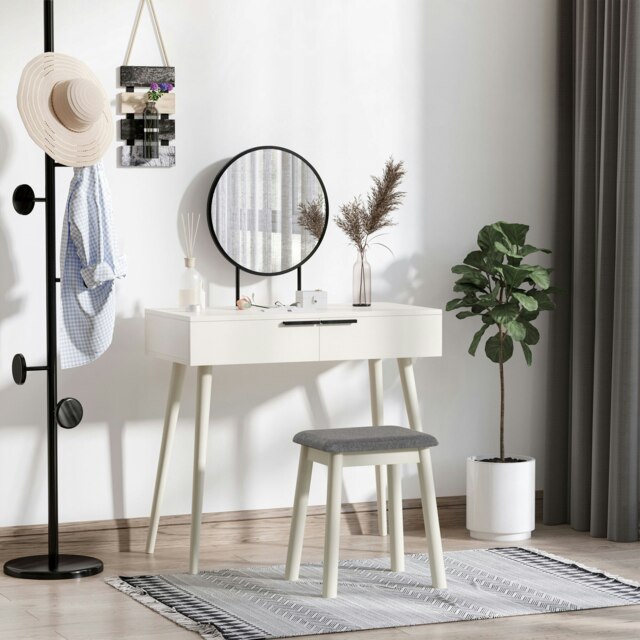 Rackhams Dressing Table Vanity Set Make Up Desk with Round Mirror & Stool White - image 1