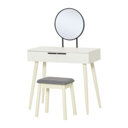 Rackhams Dressing Table Vanity Set Make Up Desk with Round Mirror & Stool White - thumbnail 2